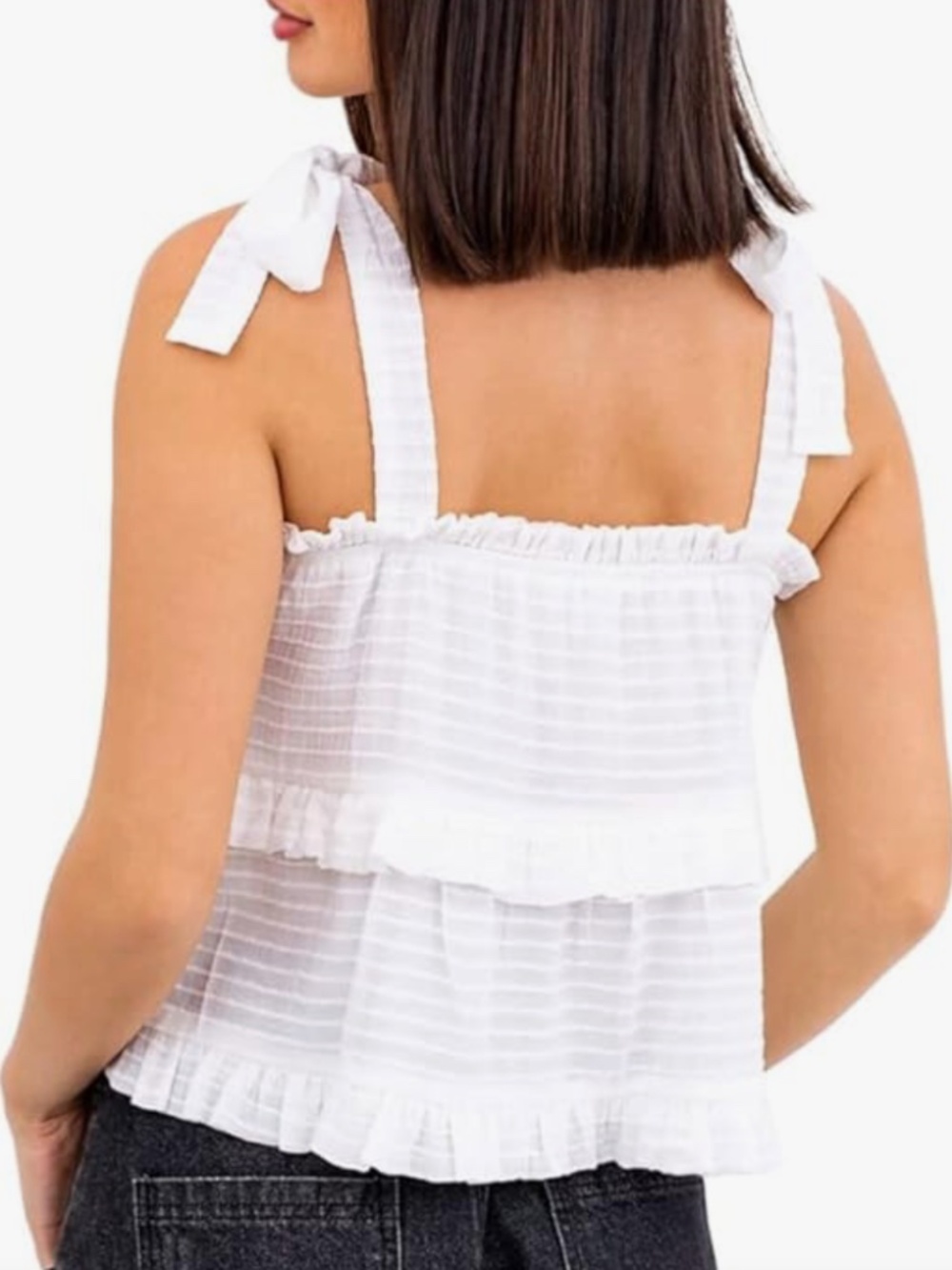 LE LIS Collection - White Ruffled Top with Shoulder Ties, Tiered, Lined, Size M - Picture 3 of 6